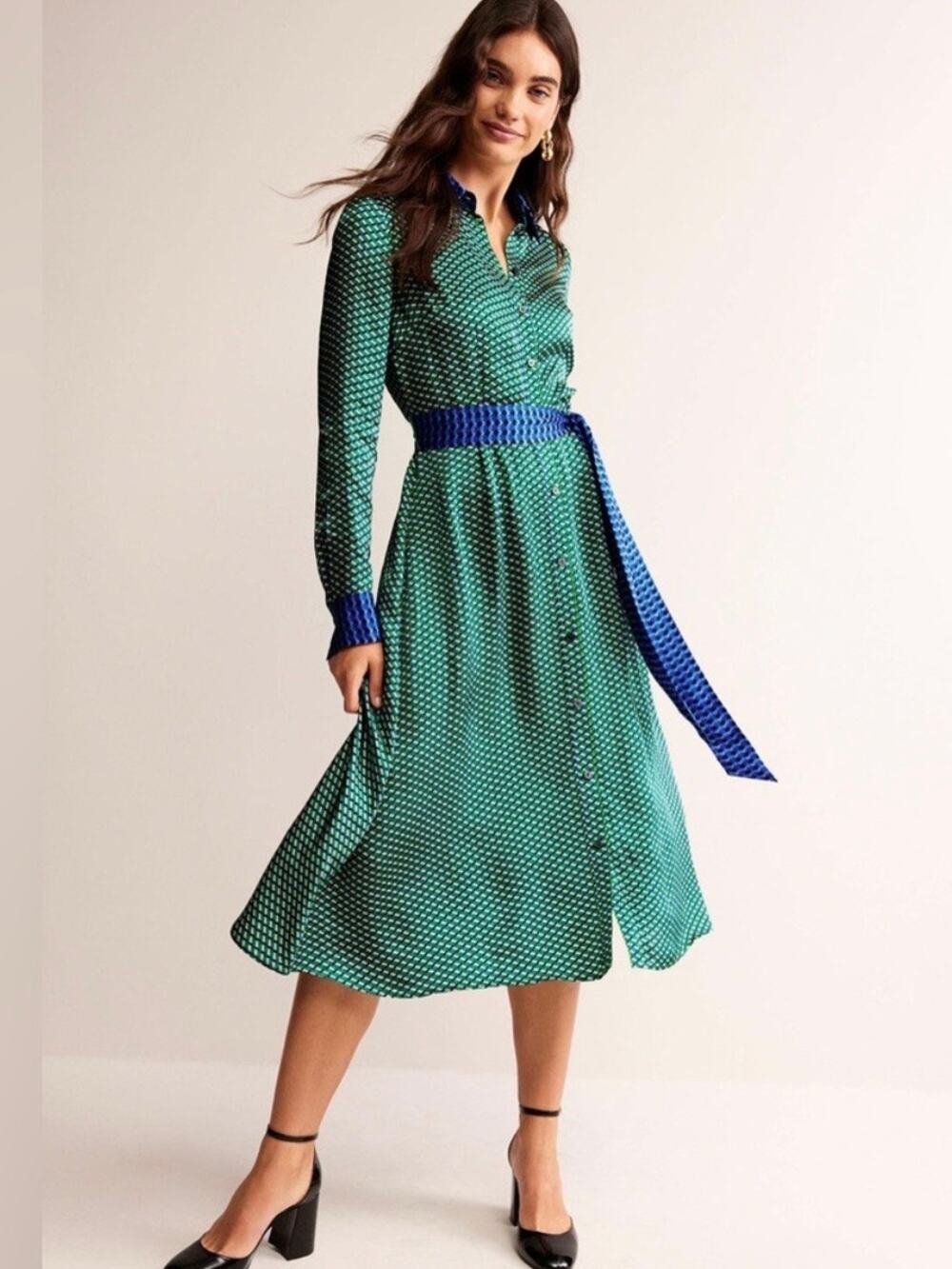 Boden Kate Satin Shirt Dress Green Geo Daze 8